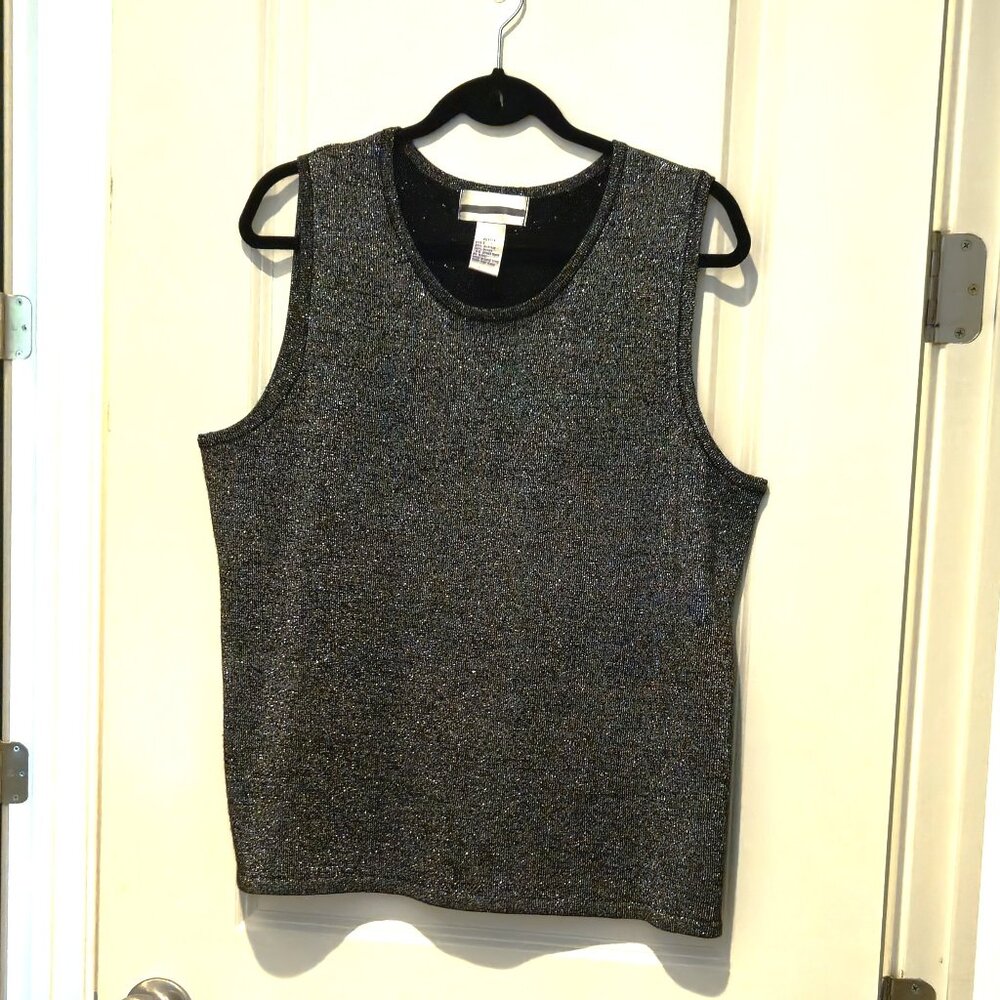 Susan Graver black dressy "tank" with gold metallic threads, L, stretchy knit